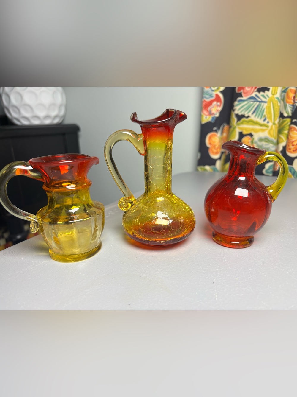 Vintage Kanawha Sunset Amberina Crackle Red Ruby Glass Mini Pitcher Set of 3